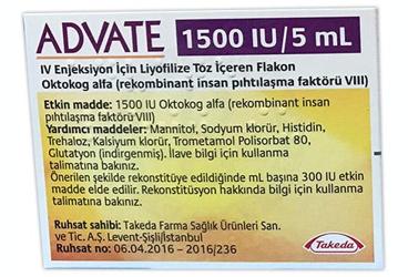 ADVATE 1500 IU/5 ML IV ENJEKSIYON ICIN лиофилизированный порошок ICEREN флакон