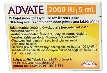 ADVATE 2000 IU/5 ML IV ENJEKSIYON ICIN лиофилизированный порошок ICEREN флакон